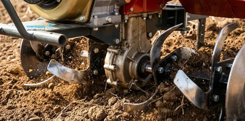 تیغه‌های فولادی تیلر کولتیواتور در حال شخم زدن خاک